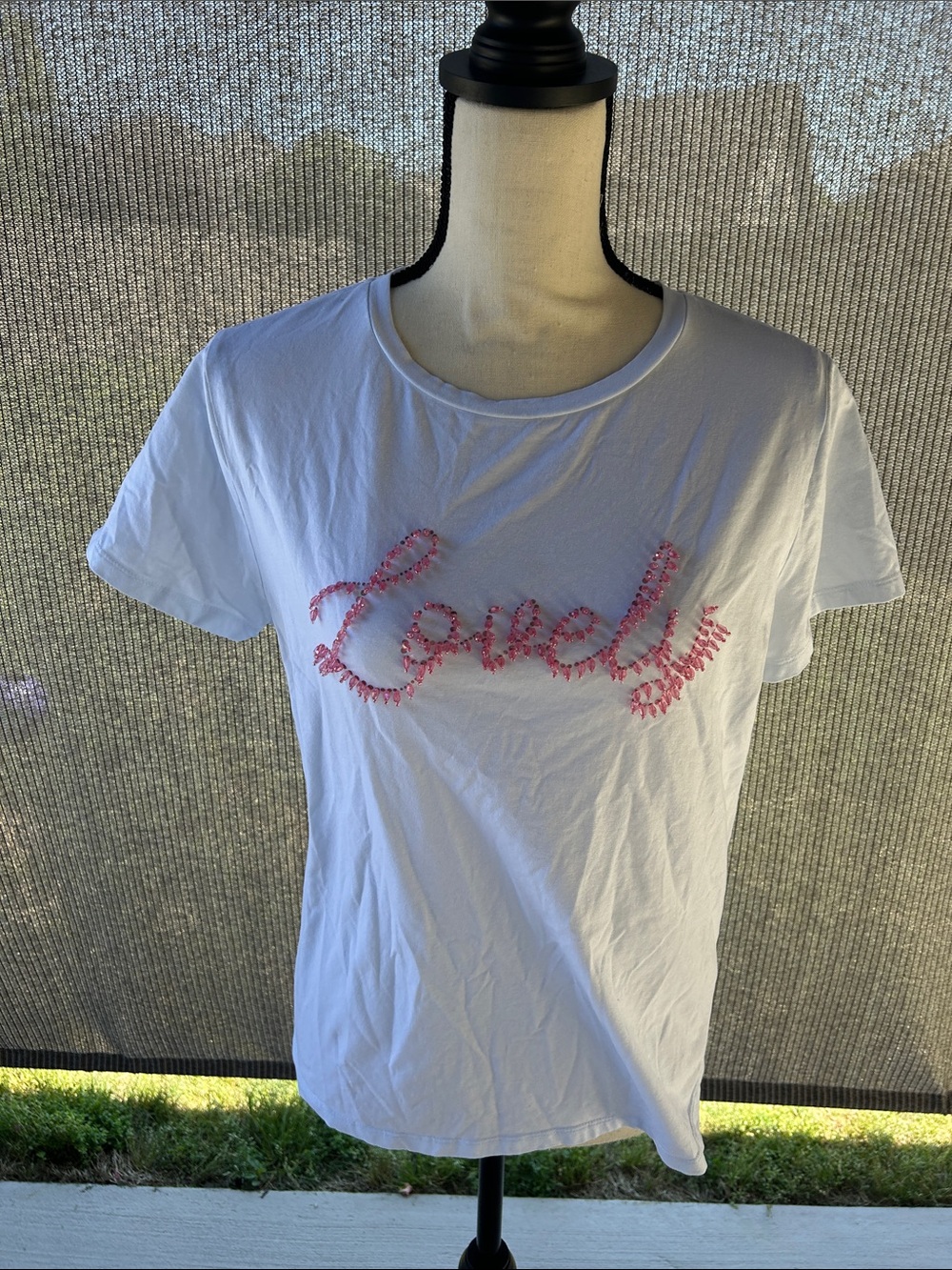 White Short-Sleeve Tee with Pink "Lovely" Script